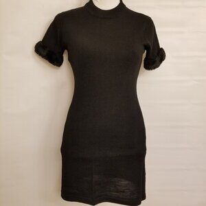 🆕️NWT Guess Jeans Black Wool Stretch Knit Dress with faux fur trim XS 33" long